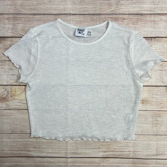 Princess Polly White Ribbed Lettuce Edge Cropped Baby Tee Size 8 Medium - Picture 1 of 11